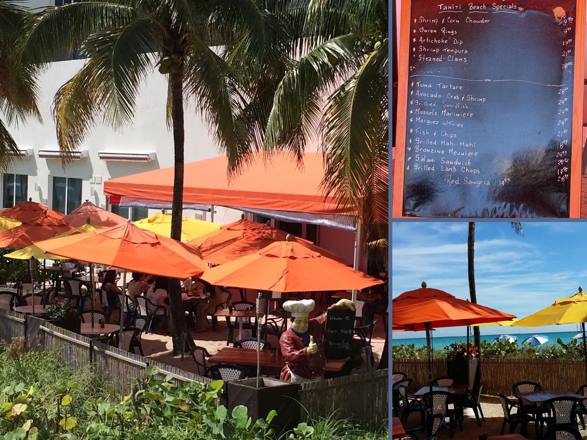 Outdoor seating beside a beachside restaurant