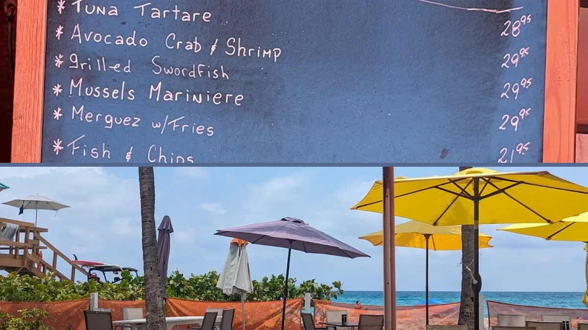 Sunlit tables near the water