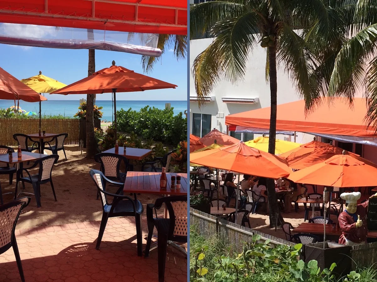 Outdoor seating beside a beachside restaurant